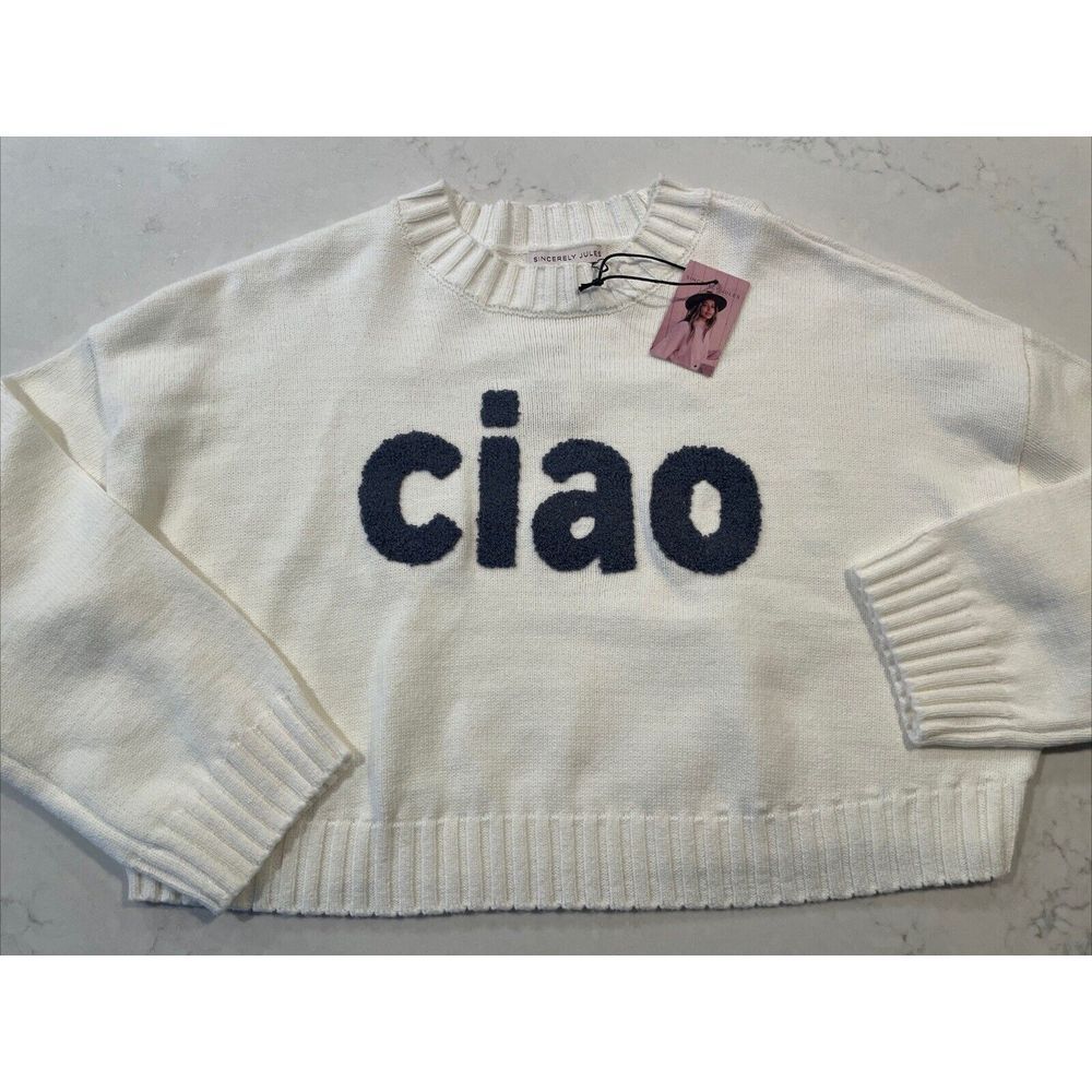Women's Sincerely Jules CIAO Cream Blue Long Sleeve‎ Crop Cotton Sweater XS NWT